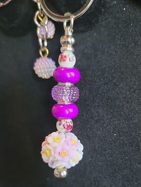 Purple Floral Bead Charm Keychain Necklace